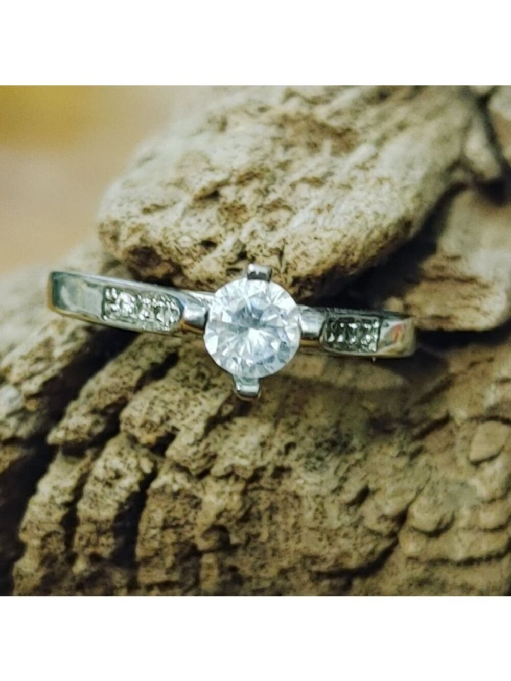 Solitaire Engagement Ring Vintage Silver Tone Accent Stone Intricate Band Design